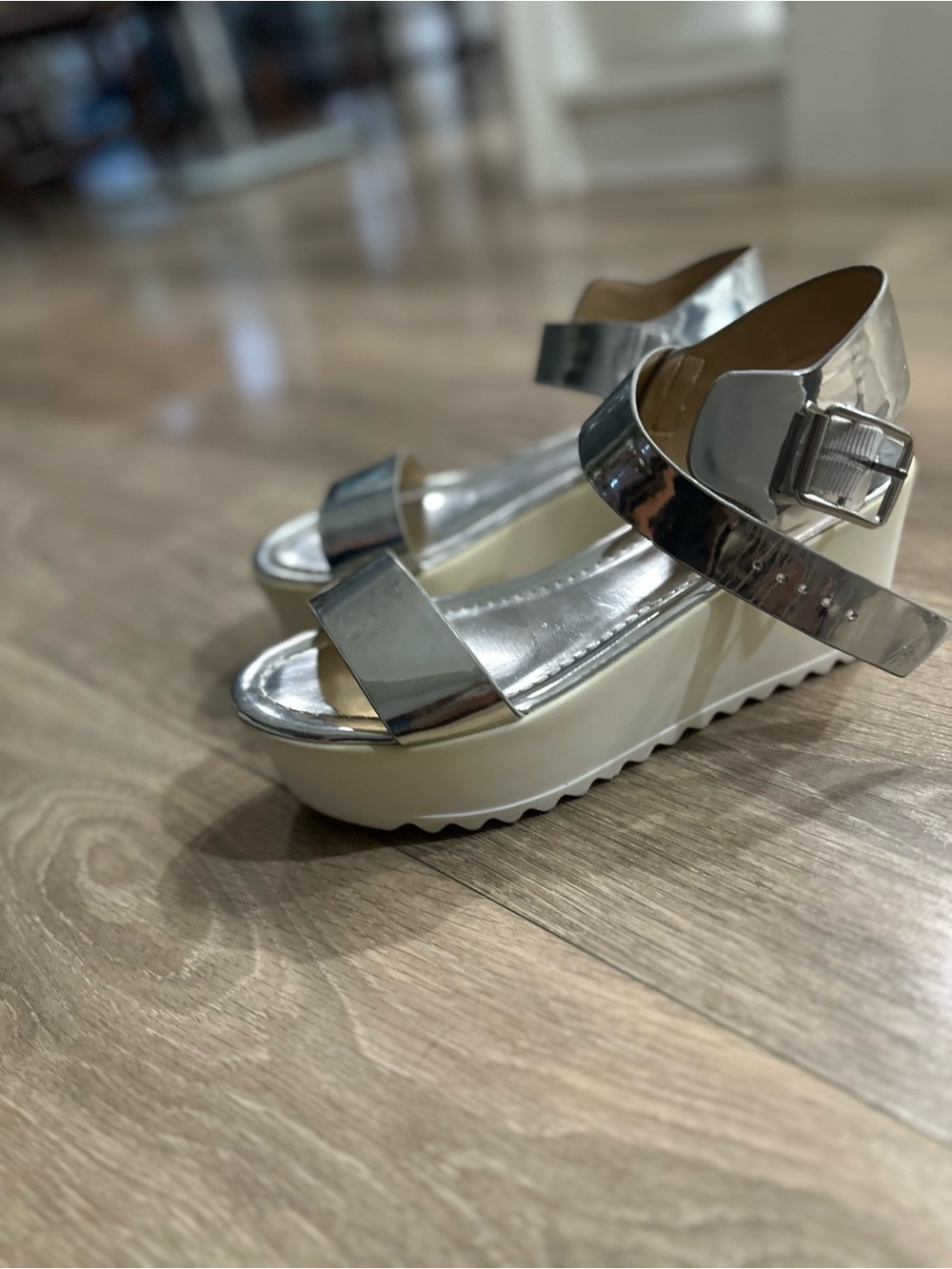 Silver Metallic Platform Sandals with Buckle Strap